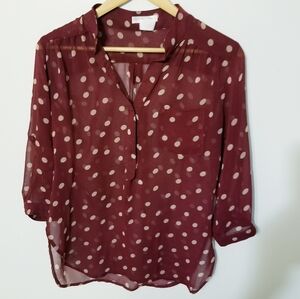 A'GACI Burgundy Cream Polka Dot Sheer Tunic Oversized Blouse Size M 3/4 Sleeve